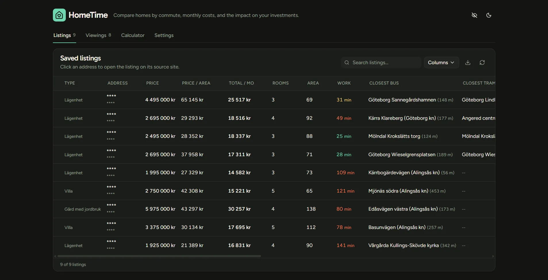 Saved listings, dark mode